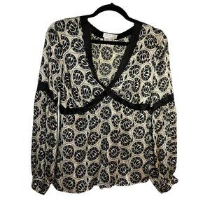 Y2K Max Studio Silk Blouse Womens M‎ Black White Geometric Whimsigoth Fairy